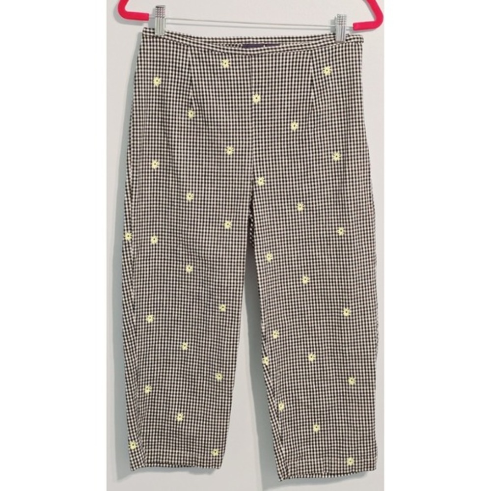 Mountain Lake Casuals Women's Black White Gingham Pants w/Yellow Daisies Size 12